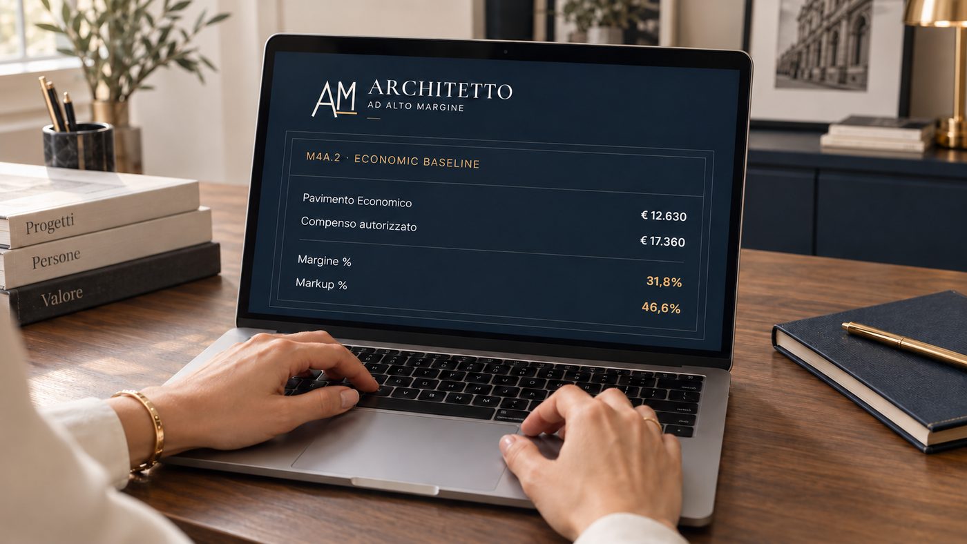 MarginScan AI aperto su un portatile: pannello Economic Baseline con pavimento economico, compenso autorizzato, margine e markup